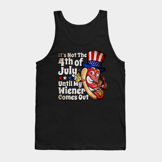 Mens Funny 4th of July Hot Dog Wiener Comes Out Adult Humor Gift Tank Top by masterpiecesai